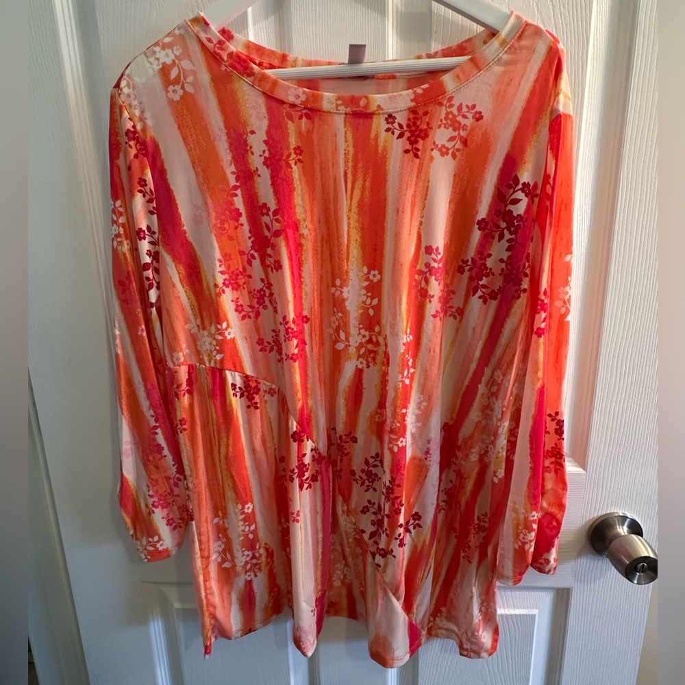 LOGO Layers by Lori Goldstein Printed Mesh Crew Neck Top 3X in Peach Combo